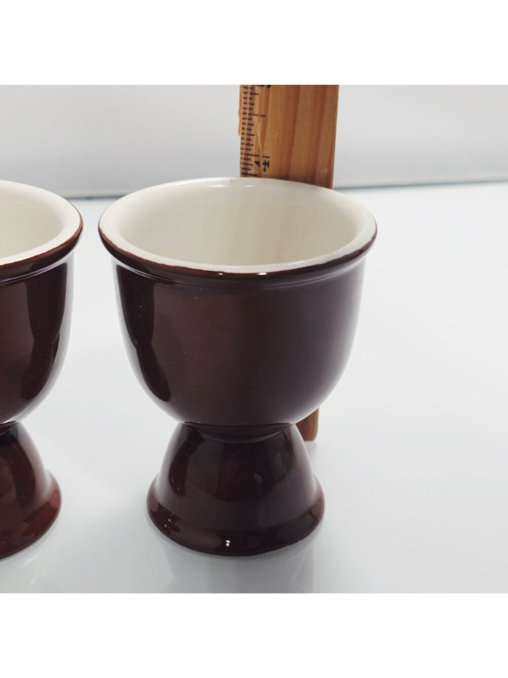 2 Vintage Brown Ceramic Egg Cups 4" glazed dual end cup versatile use farmhouse - Picture 7 of 9